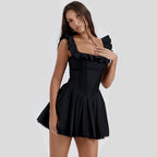 Black A-Line Square Neck Ruffle-Strap Corset Pleated Mini Homecoming Dress
