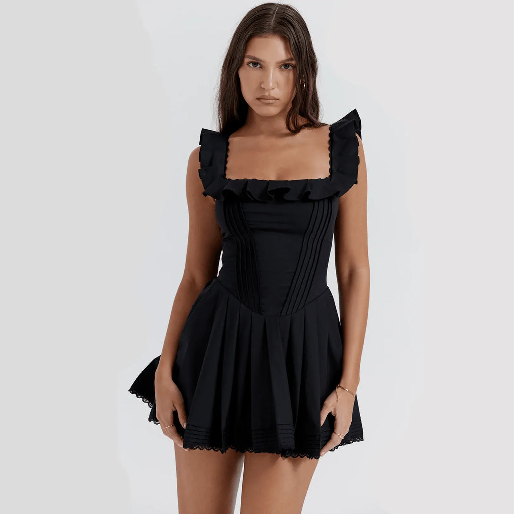 Black A-Line Square Neck Ruffle-Strap Corset Pleated Mini Homecoming Dress