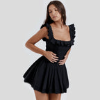 Black A-Line Square Neck Ruffle-Strap Corset Pleated Mini Homecoming Dress