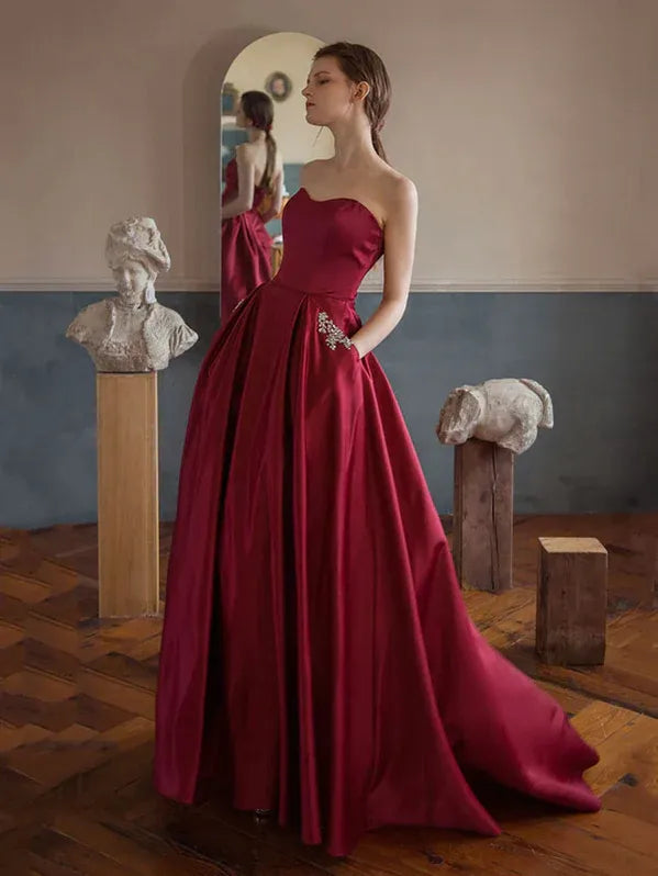 Beaded Satin Prom Dress Burgundy With Pockets For Sophisticated Prom Goers Elegant Old Hollywood Glamour
