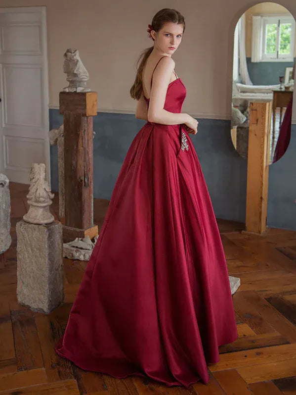 Beaded Satin Prom Dress Burgundy With Pockets For Sophisticated Prom Goers Elegant Old Hollywood Glamour