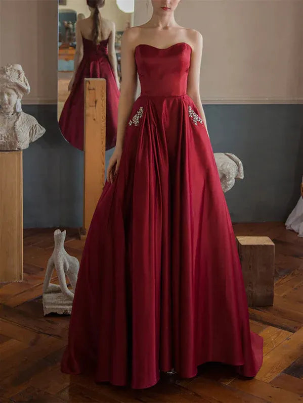 Beaded Satin Prom Dress Burgundy With Pockets For Sophisticated Prom Goers Elegant Old Hollywood Glamour