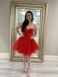 Classic A-Line Sweetheart Ruched Tulle Red Short Homecoming Dress