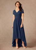 A-Line V-Neck Short Sleeves Back Zip Asymmetrical-Length Mother of the Bride Dress