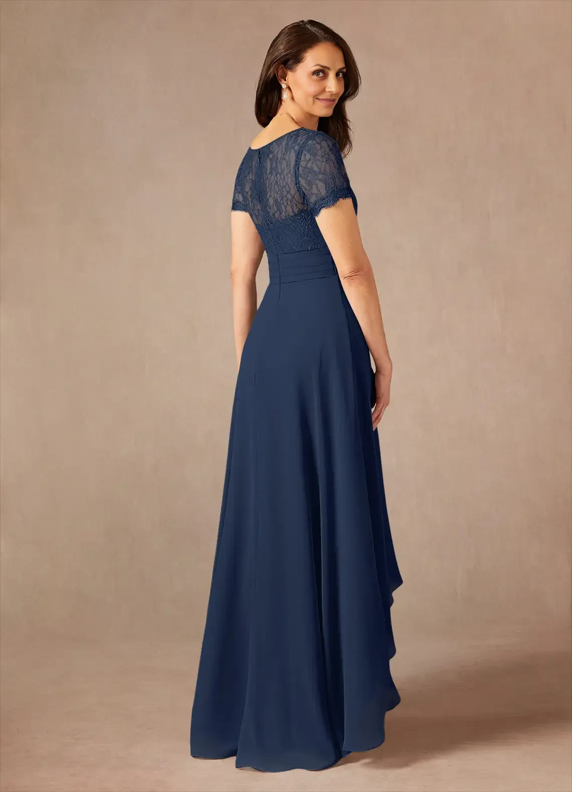 A-Line V-Neck Short Sleeves Back Zip Asymmetrical-Length Mother of the Bride Dress
