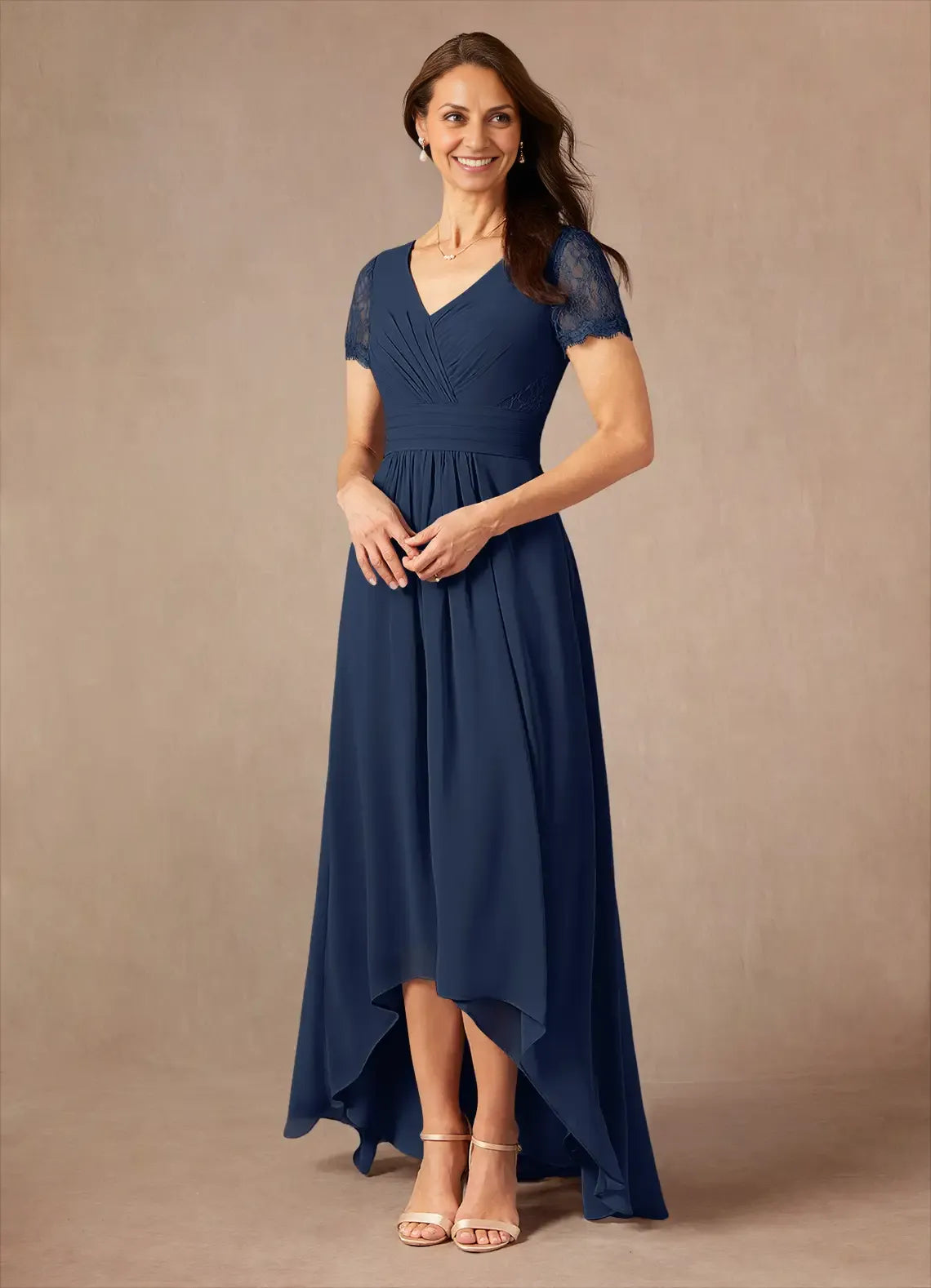 A-Line V-Neck Short Sleeves Back Zip Asymmetrical-Length Mother of the Bride Dress