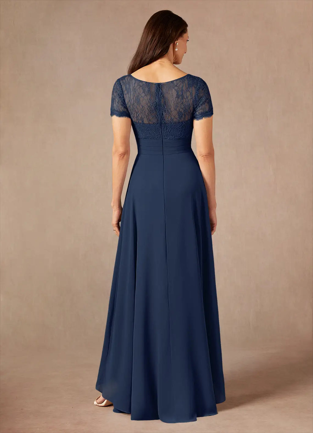 A-Line V-Neck Short Sleeves Back Zip Asymmetrical-Length Mother of the Bride Dress