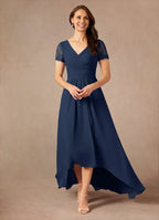 A-Line V-Neck Short Sleeves Back Zip Asymmetrical-Length Mother of the Bride Dress
