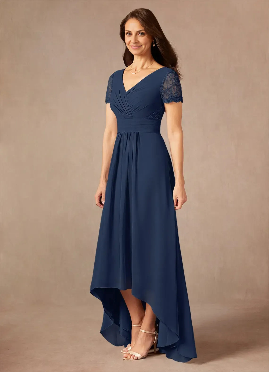 A-Line V-Neck Short Sleeves Back Zip Asymmetrical-Length Mother of the Bride Dress