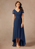 A-Line V-Neck Short Sleeves Back Zip Asymmetrical-Length Mother of the Bride Dress