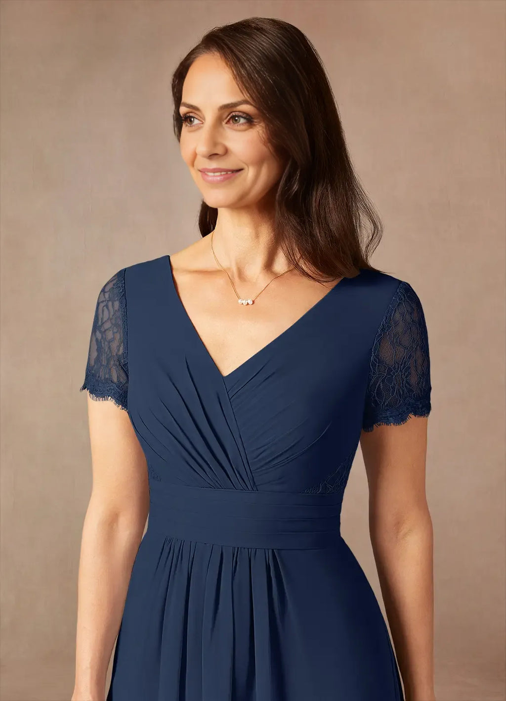 A-Line V-Neck Short Sleeves Back Zip Asymmetrical-Length Mother of the Bride Dress