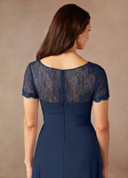 A-Line V-Neck Short Sleeves Back Zip Asymmetrical-Length Mother of the Bride Dress