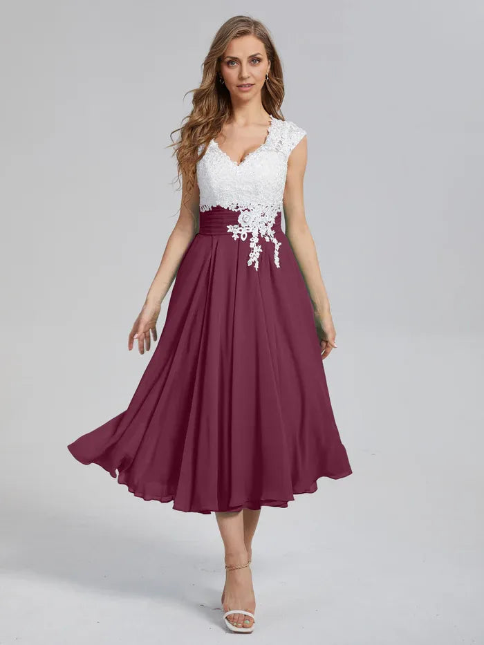 A-Line V-neck Cap Sleeves Tea-Length Mother of the Bride Dress
