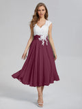 A-Line V-neck Cap Sleeves Tea-Length Mother of the Bride Dress