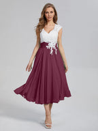 A-Line V-neck Cap Sleeves Tea-Length Mother of the Bride Dress