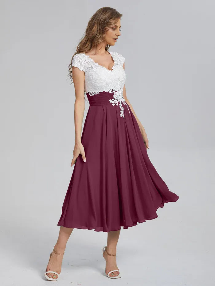 A-Line V-neck Cap Sleeves Tea-Length Mother of the Bride Dress