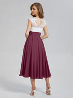 A-Line V-neck Cap Sleeves Tea-Length Mother of the Bride Dress