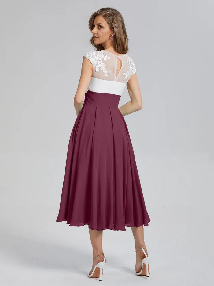 A-Line V-neck Cap Sleeves Tea-Length Mother of the Bride Dress