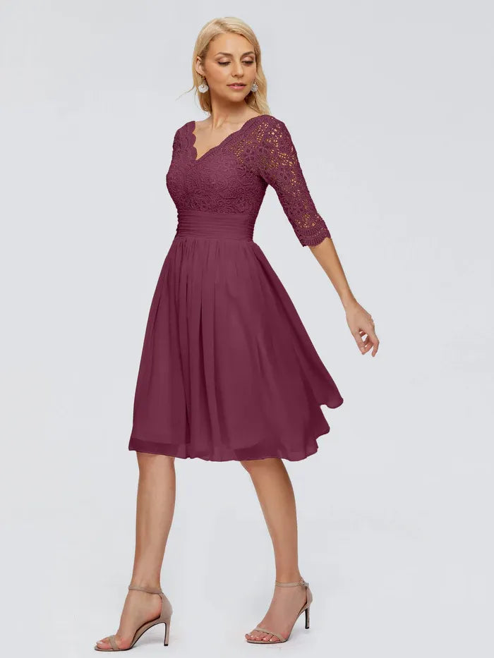 A-Line V-neck Half Sleeves Knee-Length Mother of the Bride Dress