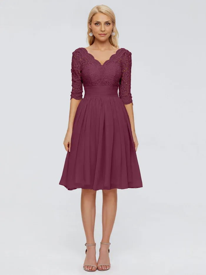 A-Line V-neck Half Sleeves Knee-Length Mother of the Bride Dress