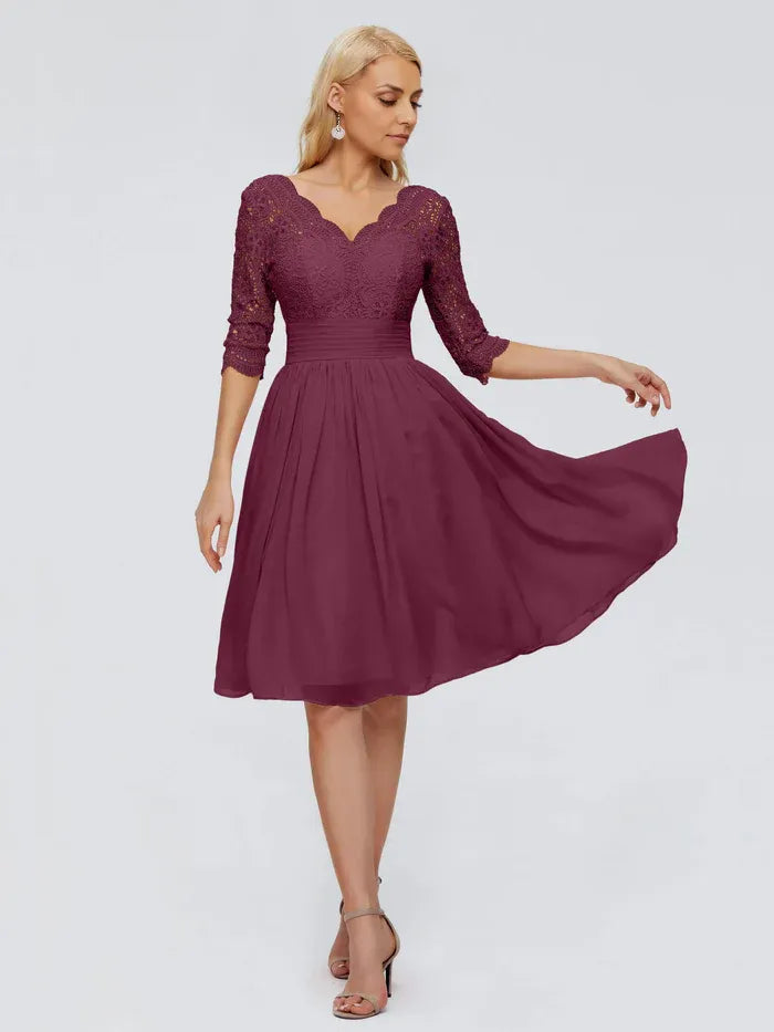 A-Line V-neck Half Sleeves Knee-Length Mother of the Bride Dress