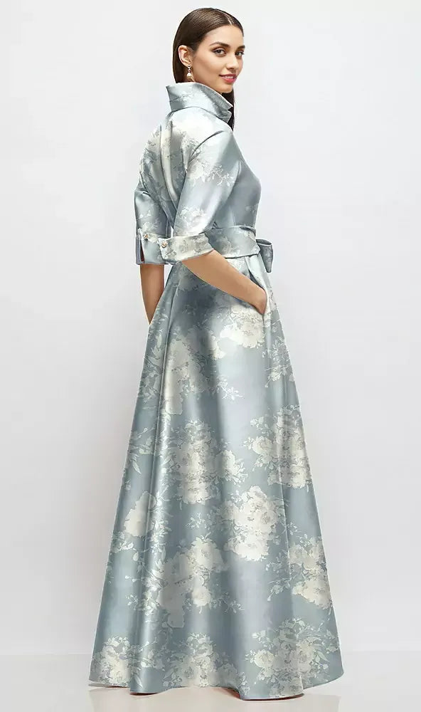 A-Line V Neck 3/4 Sleeve Full Coverage Back Floor-Length Mother of the Bride Dress