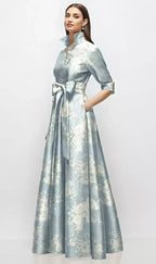A-Line V Neck 3/4 Sleeve Full Coverage Back Floor-Length Mother of the Bride Dress