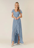 A-Line V Neck Flutter Sleeve Back Zip Asymmetrical-Length Mother of the Bride Dress