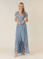 A-Line V Neck Flutter Sleeve Back Zip Asymmetrical-Length Mother of the Bride Dress
