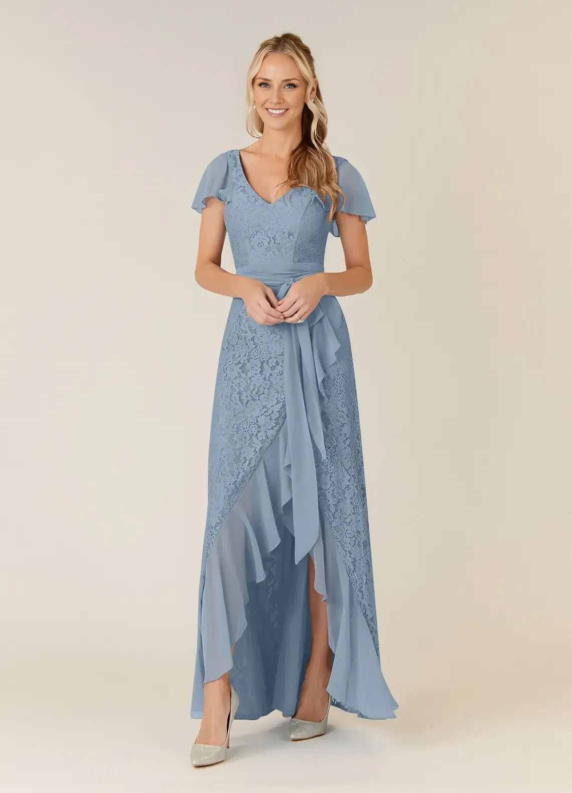 A-Line V Neck Flutter Sleeve Back Zip Asymmetrical-Length Mother of the Bride Dress