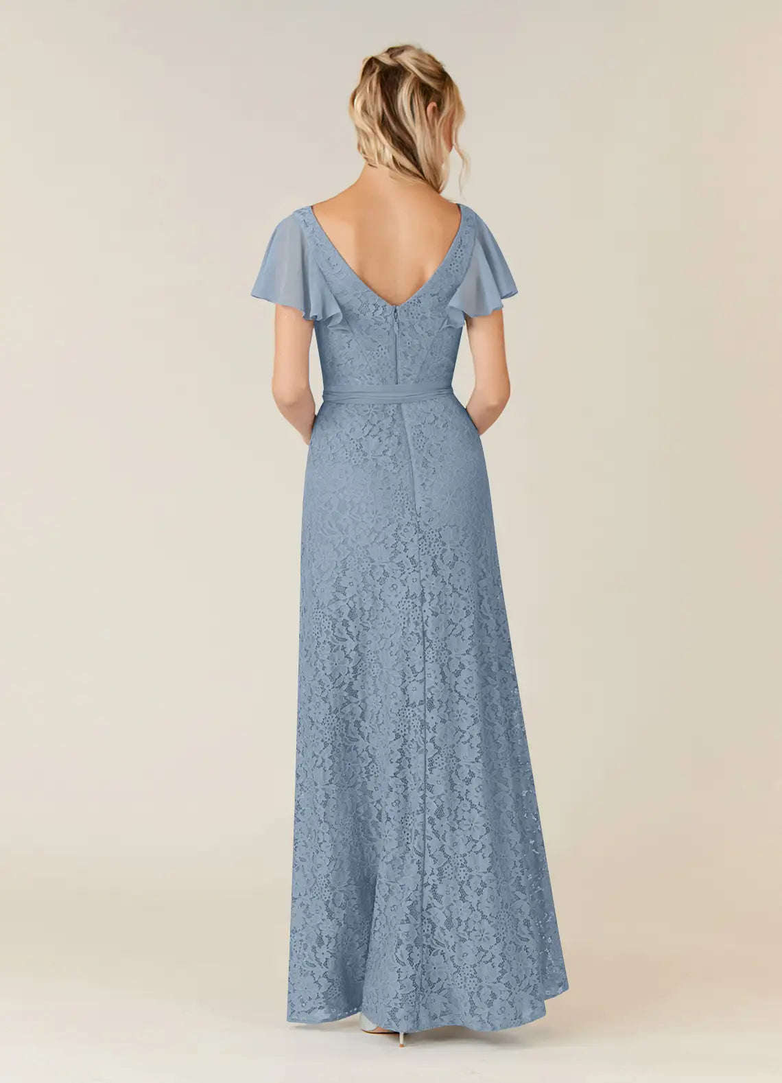 A-Line V Neck Flutter Sleeve Back Zip Asymmetrical-Length Mother of the Bride Dress
