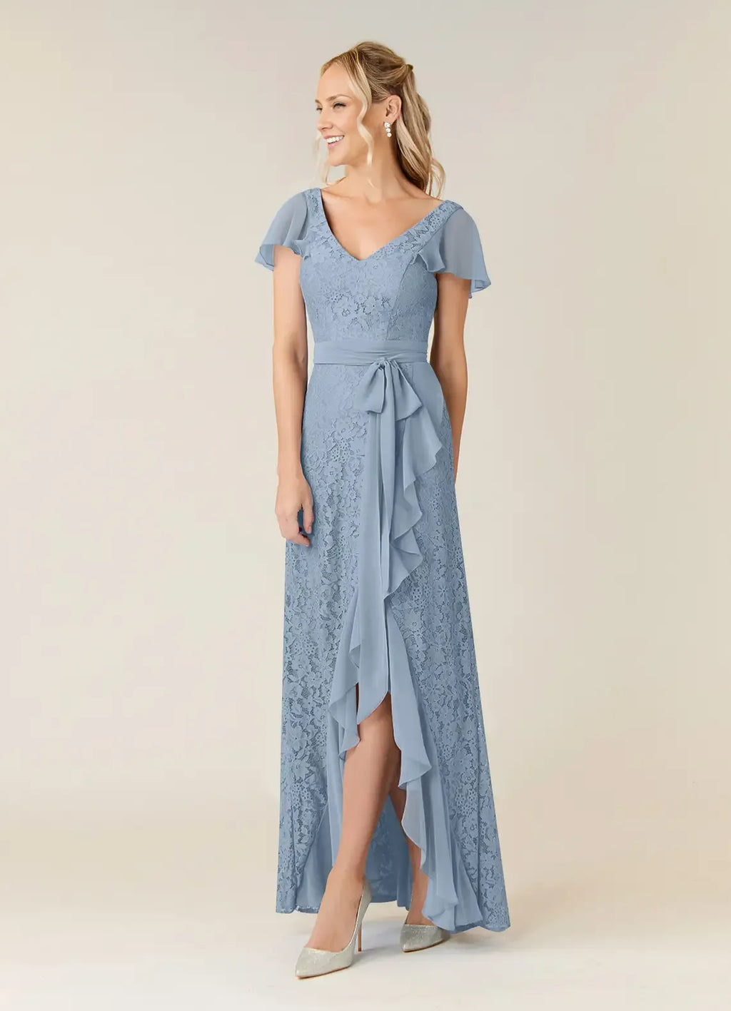 A-Line V Neck Flutter Sleeve Back Zip Asymmetrical-Length Mother of the Bride Dress