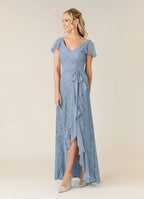 A-Line V Neck Flutter Sleeve Back Zip Asymmetrical-Length Mother of the Bride Dress