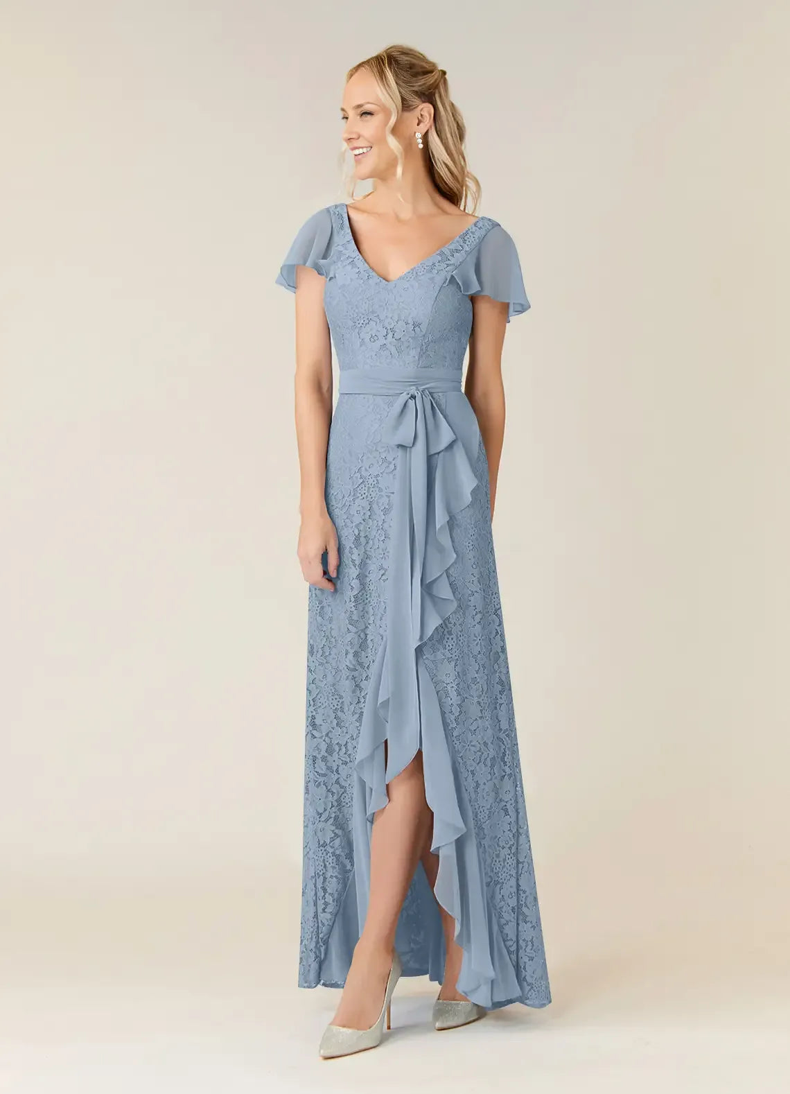 A-Line V Neck Flutter Sleeve Back Zip Asymmetrical-Length Mother of the Bride Dress