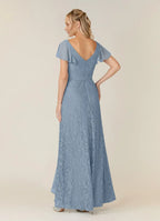 A-Line V Neck Flutter Sleeve Back Zip Asymmetrical-Length Mother of the Bride Dress