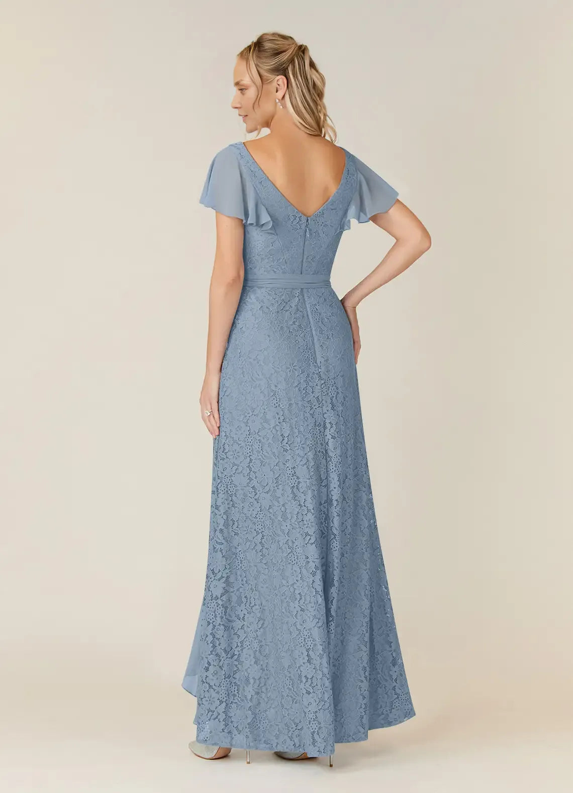 A-Line V Neck Flutter Sleeve Back Zip Asymmetrical-Length Mother of the Bride Dress