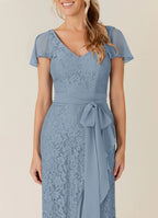 A-Line V Neck Flutter Sleeve Back Zip Asymmetrical-Length Mother of the Bride Dress