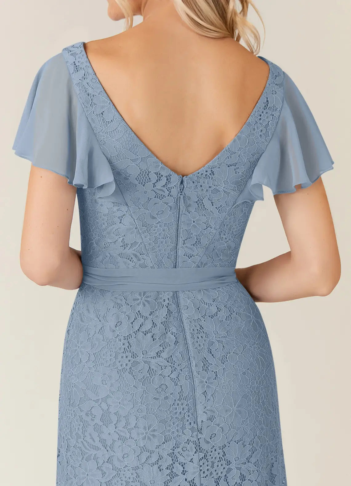 A-Line V Neck Flutter Sleeve Back Zip Asymmetrical-Length Mother of the Bride Dress