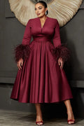 A-Line V Neck Long Sleeve Feather Plus Size Midi Length Prom Dress