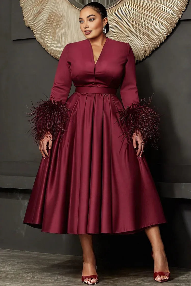 A-Line V Neck Long Sleeve Feather Plus Size Midi Length Prom Dress