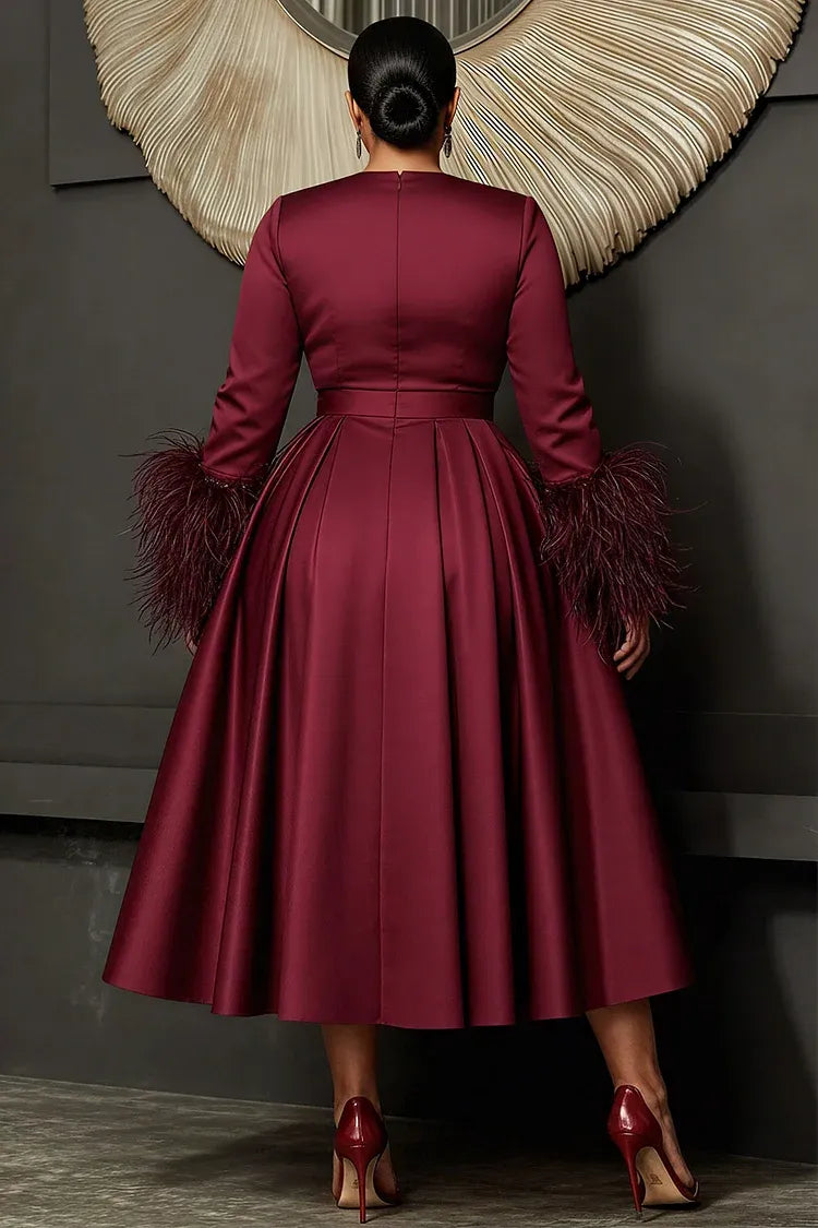A-Line V Neck Long Sleeve Feather Plus Size Midi Length Prom Dress