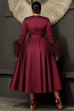 A-Line V Neck Long Sleeve Feather Plus Size Midi Length Prom Dress