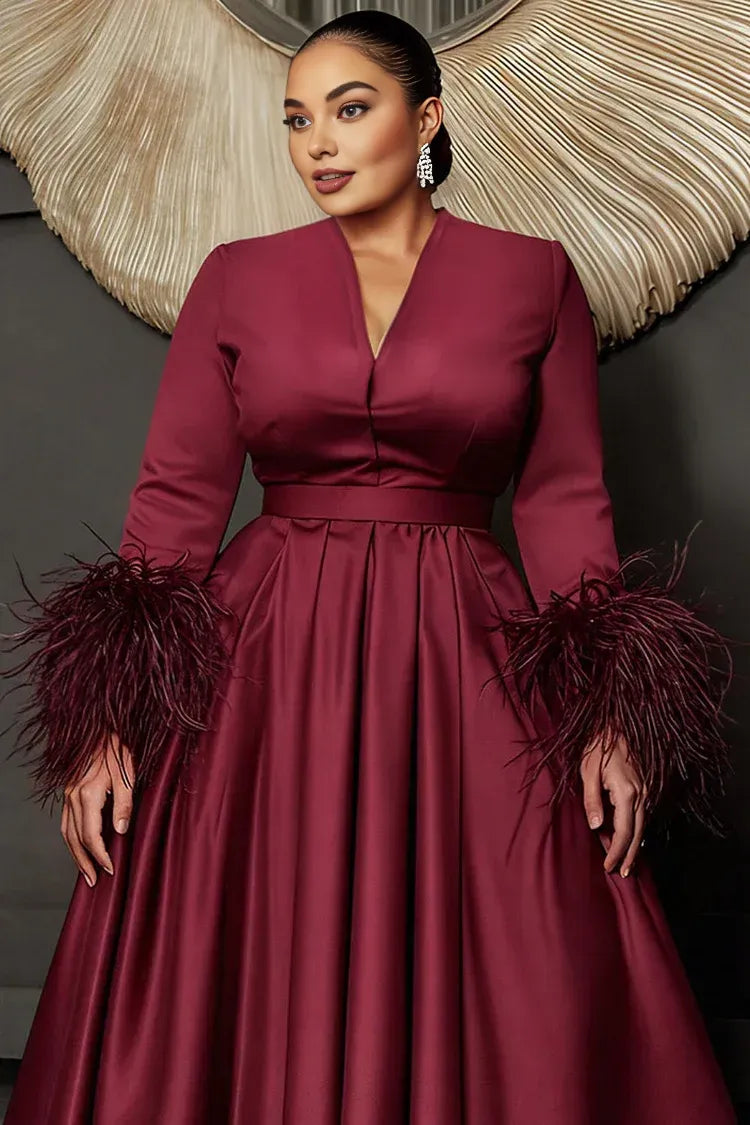 A-Line V Neck Long Sleeve Feather Plus Size Midi Length Prom Dress