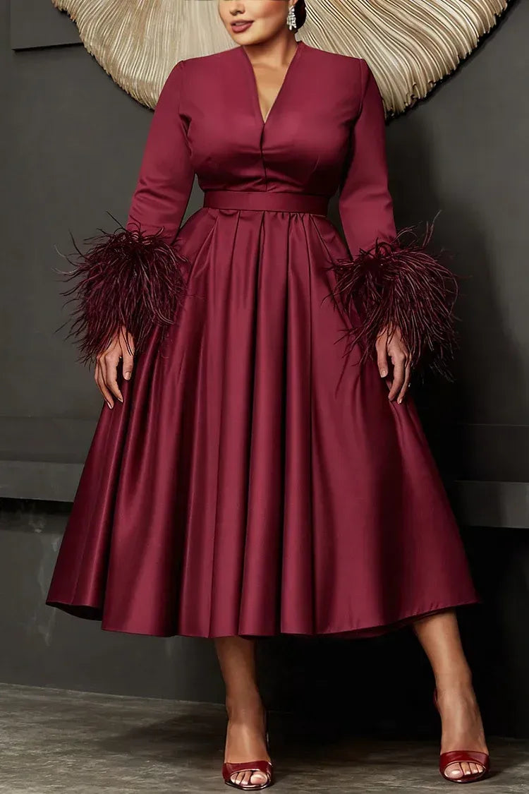 A-Line V Neck Long Sleeve Feather Plus Size Midi Length Prom Dress