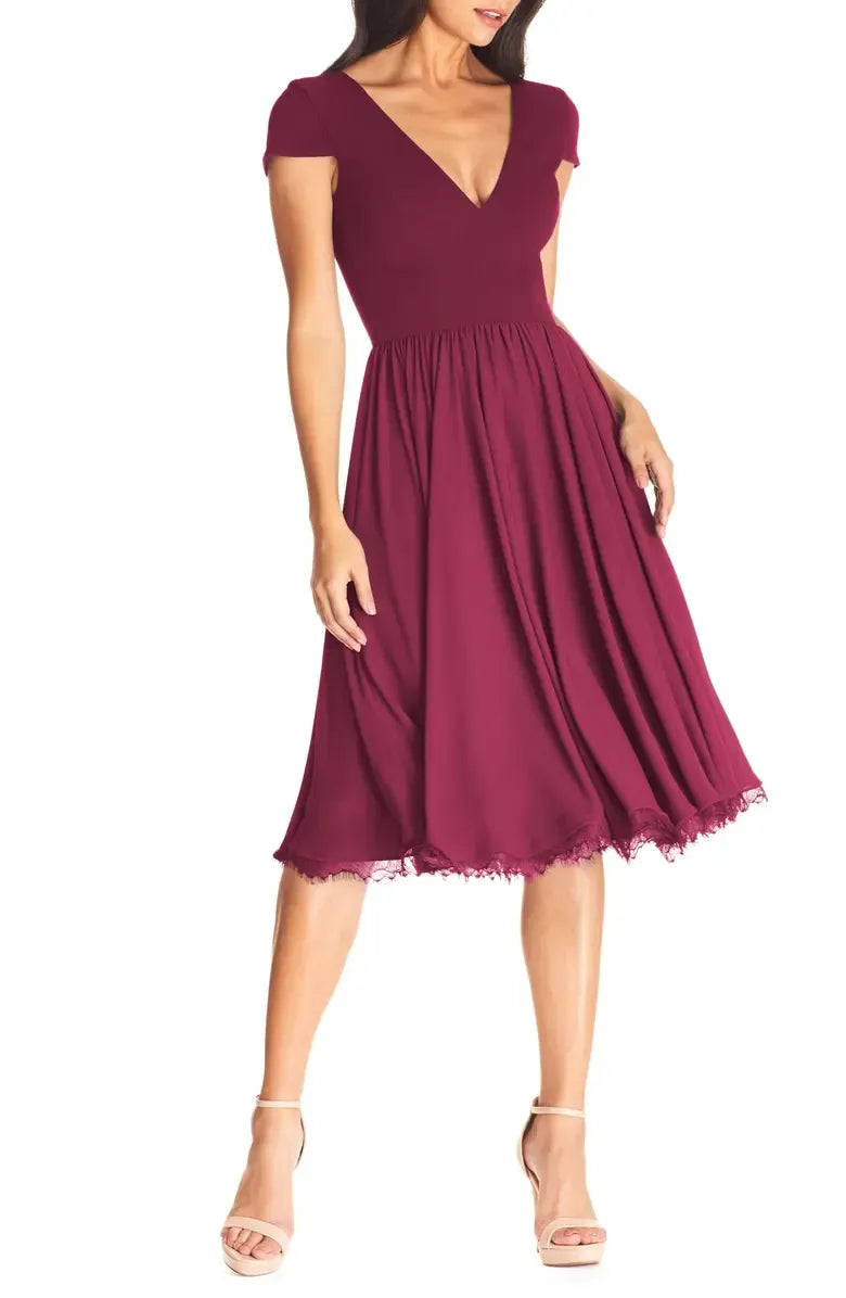 A-Line V Neck Short Sleeve Tea-Length Prom Dress
