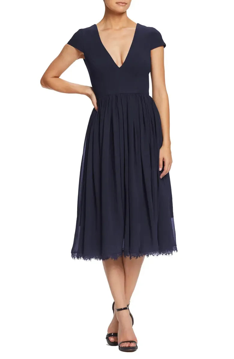 A-Line V Neck Short Sleeve Tea-Length Prom Dress
