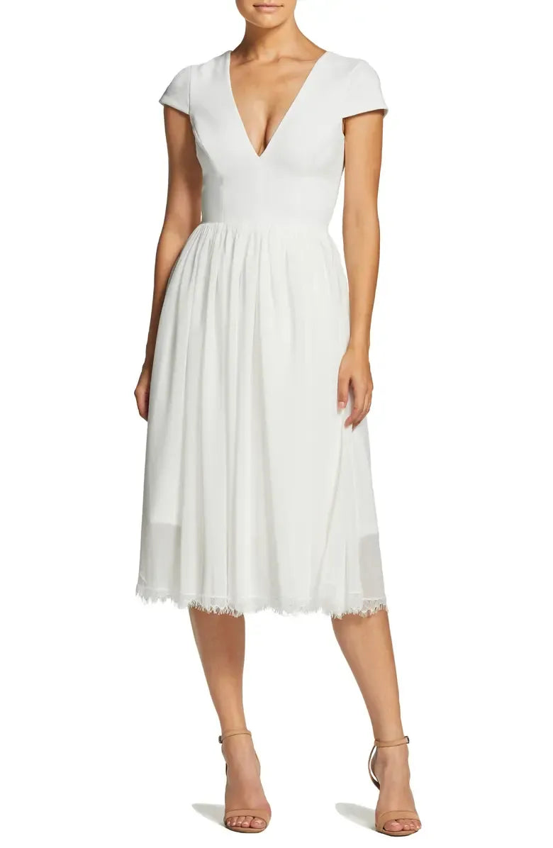 A-Line V Neck Short Sleeve Tea-Length Prom Dress