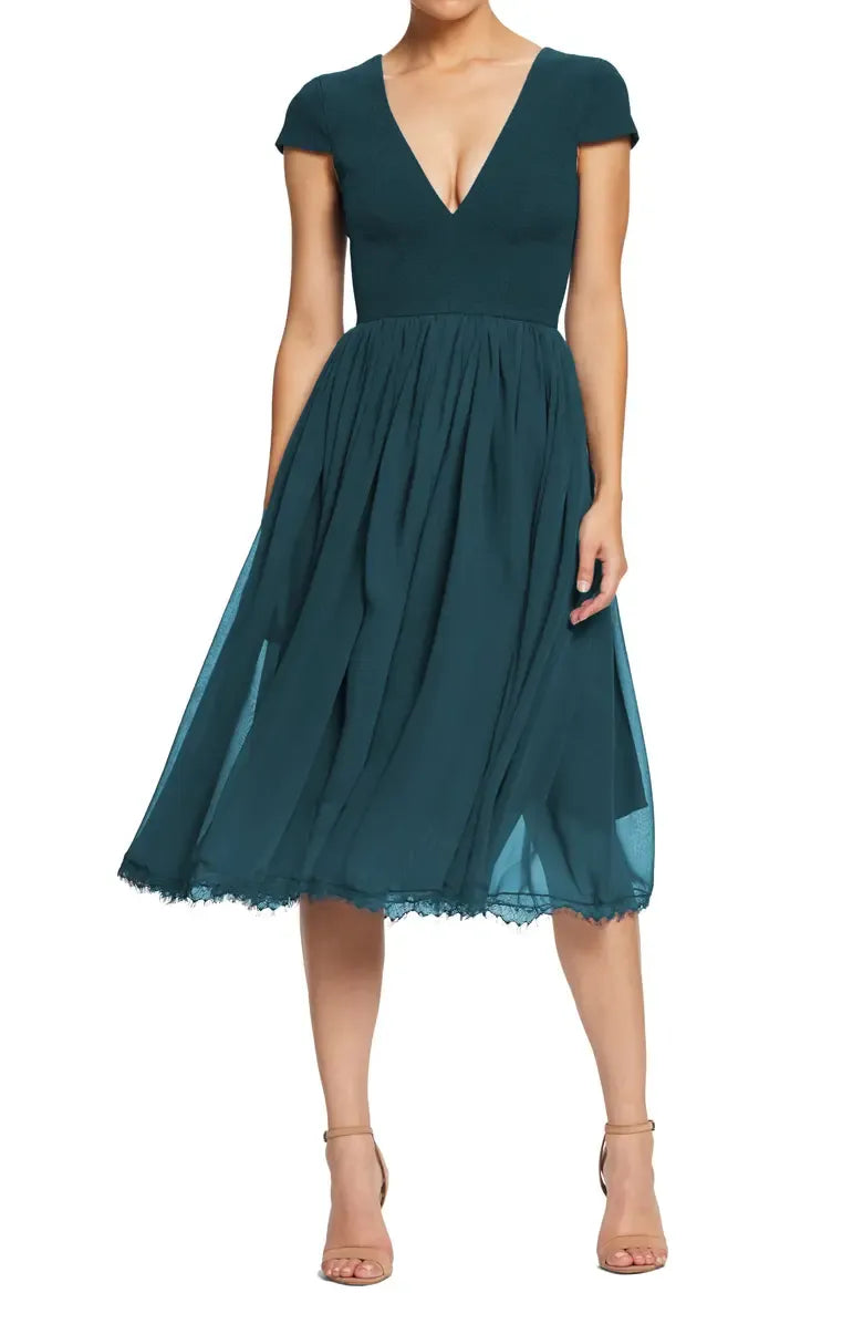 A-Line V Neck Short Sleeve Tea-Length Prom Dress