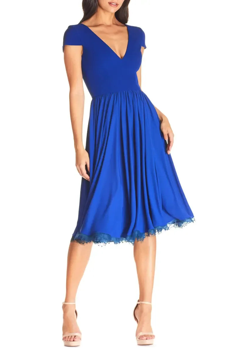 A-Line V Neck Short Sleeve Tea-Length Prom Dress