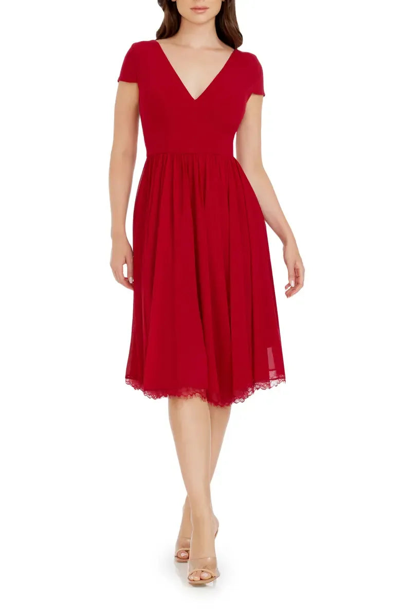 A-Line V Neck Short Sleeve Tea-Length Prom Dress